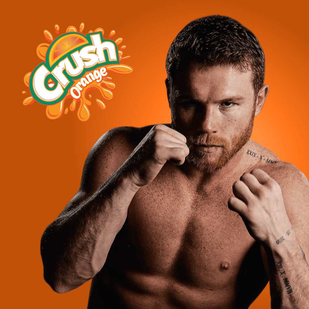 A picture of Canelo Alvarez with a Crush Soda logo